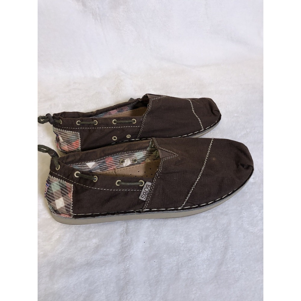 Skechers BOBS Womens Shoes 8.5W Brown Canvas Slip On‎ Pillow Arch Leather Insole